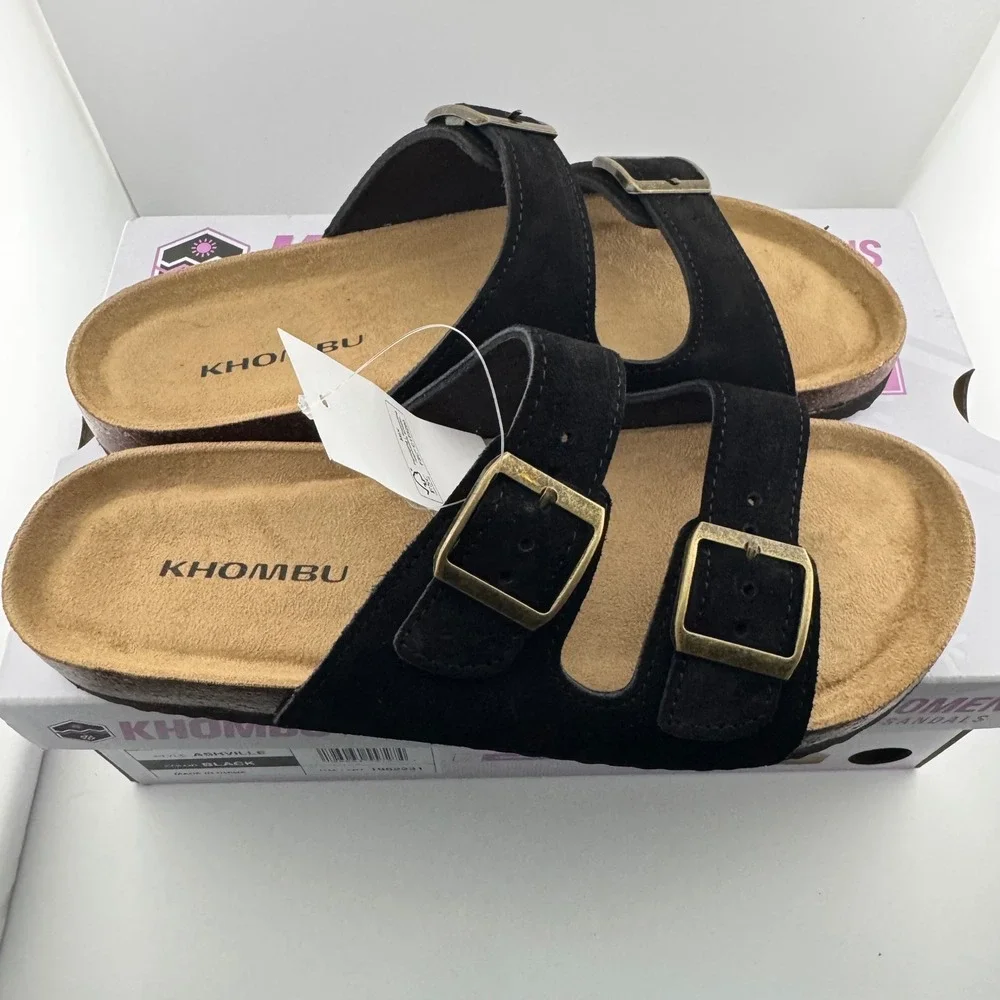 Khombu Ashville Sandals Womens 8 Black NIB Suede Leather Cork Slide Buckle Shoes